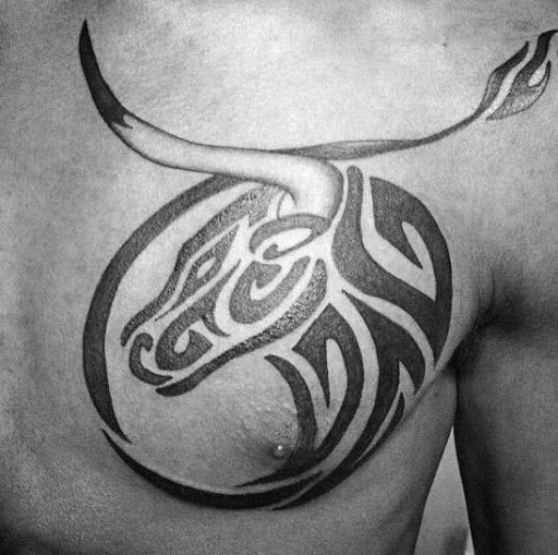 Lage Tribal Bull Circular Upper Chest Tattoos For Men