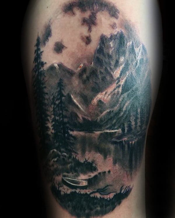 Fresh lake scene by Shane Baker at Niteowl Tattoo in Northampton MA  r tattoos