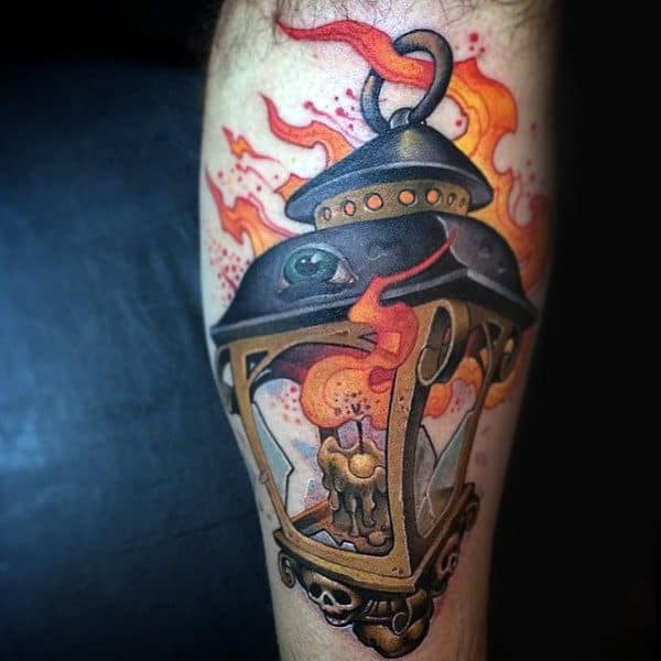 Lantern On Fire Mens New School Leg Calf Tattoo