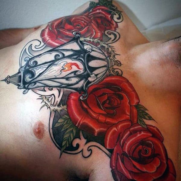 Lantern With Candle On Fire Mens Rose Chest Tattoos