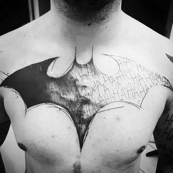 Large Batman Symbol Chest Tattoo On Gentleman