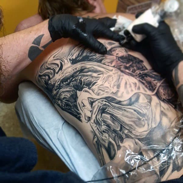 Large Black And White Western Tattoo On Guys Back