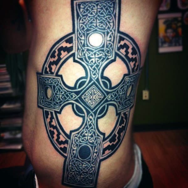 Large Celtic Cross Mens Rib Cage Tattoo