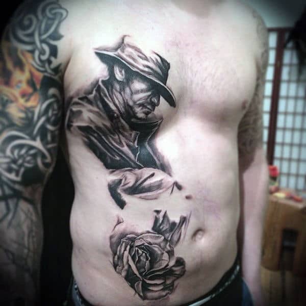 Large Chest Piece Stomach Tattoo Shaded Man Rose Western