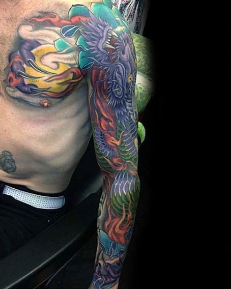 Large Clawed Purple Dragon Male Full Sleeve Tattoo