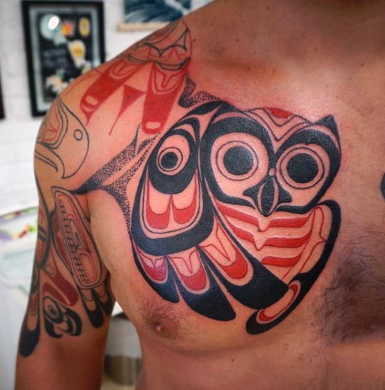 Large Eyed Owl Haida Tattoo Mens Chest
