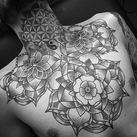 Large Flower Of Life Mens Chest And Neck Tattoo