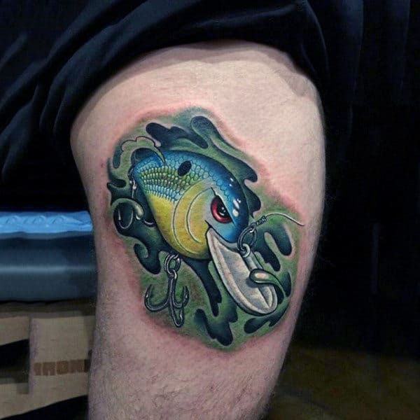 Large Fresh Water Trebble Fishing Hook Tattoo 3d Design On Thigh For Men