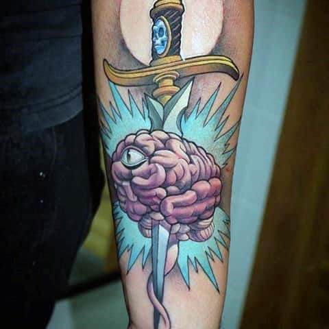 Large Knife Slicing Through Brain Blue Blast Tattoo Guys Arms