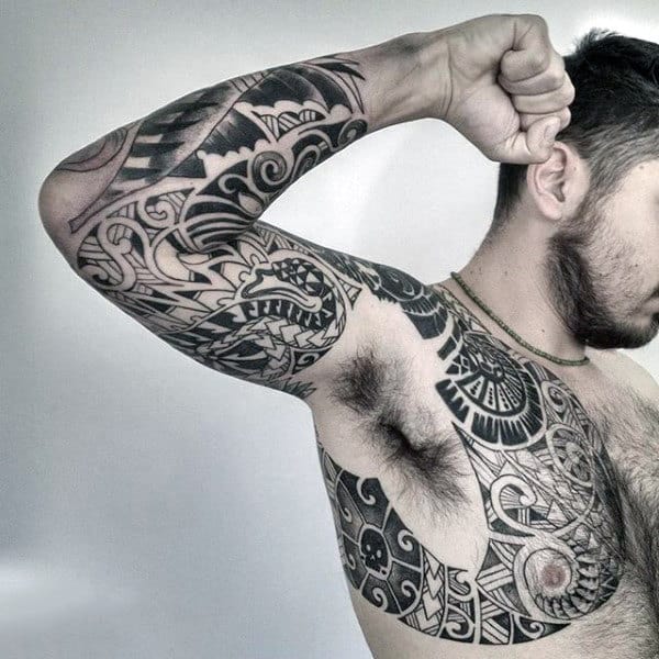 Large Maori Sleeve And Chest Guys Tattoos