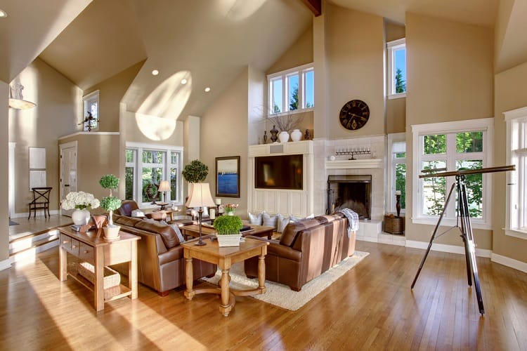 large modern living room vaulted ceiling telescope