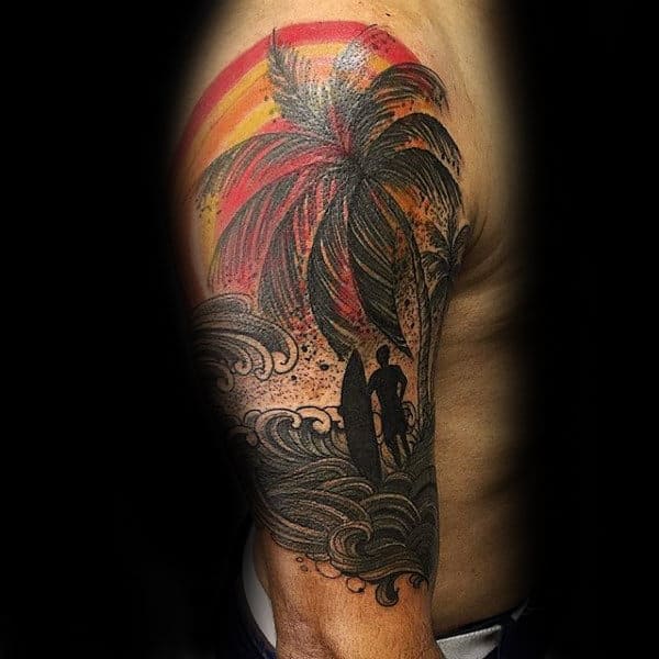 Large Palm Tree And Surfing Tattoo Male Arms