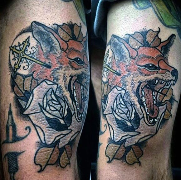Large Tongued Fox Tattoo On Guys Forearms