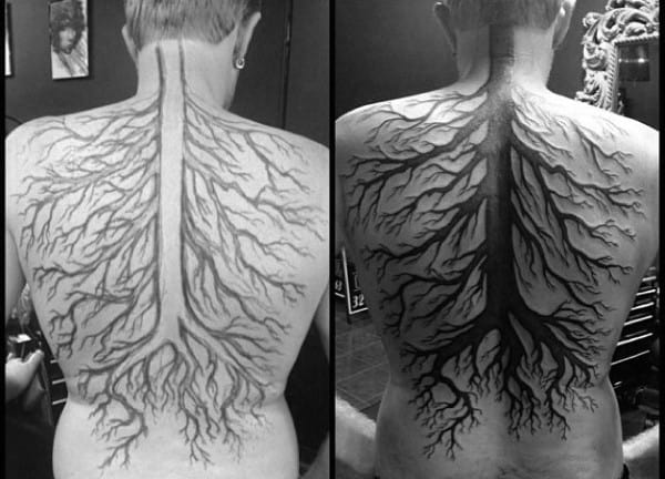 Large Tree Roots Mens Back Tattoo With Solid Black Ink Design