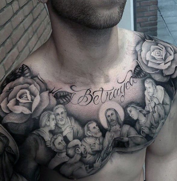 Last Supper Jesus Chest Tattoos For Guys With Rose Flowers