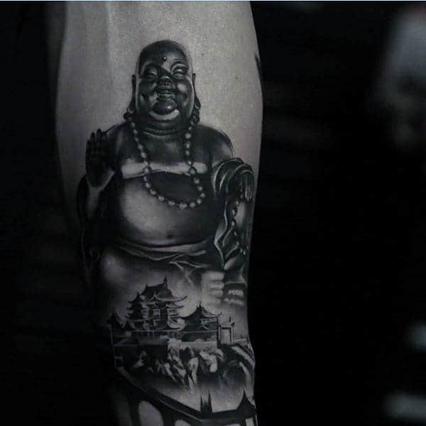 Laughing Buddha Meditating Religious Tattoo Male Sleeves
