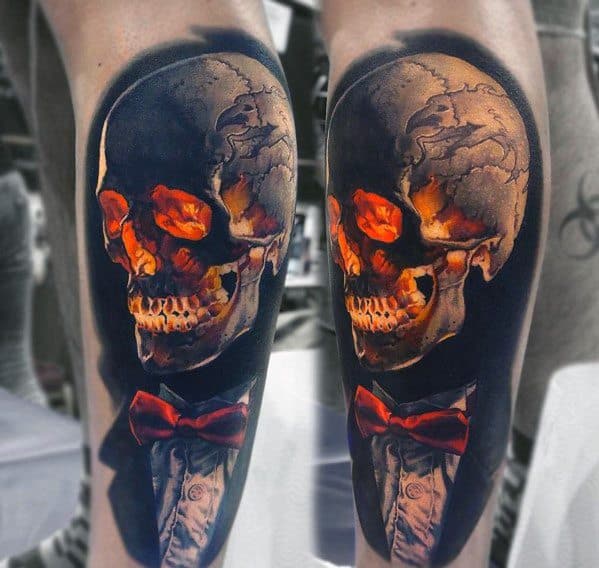 Leg 3d Hyper Realistic Badass Skull Mens Tattoo Ideas