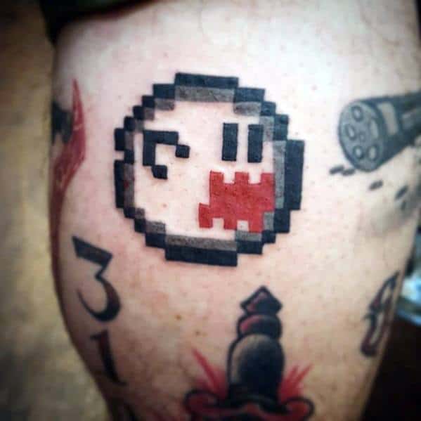 Leg 8 Bit Video Game Ghoast Tattoo For Guys