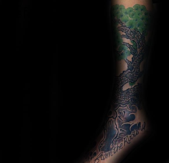 Leg And Foot Bonsai Tree Tattoo With Ocean Waves Japanese Design Ideas