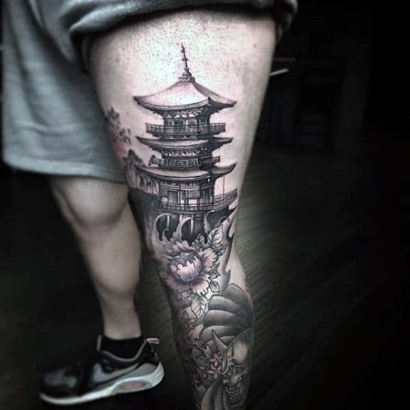 Leg And Thigh Guys Japanese Temple Tattoos
