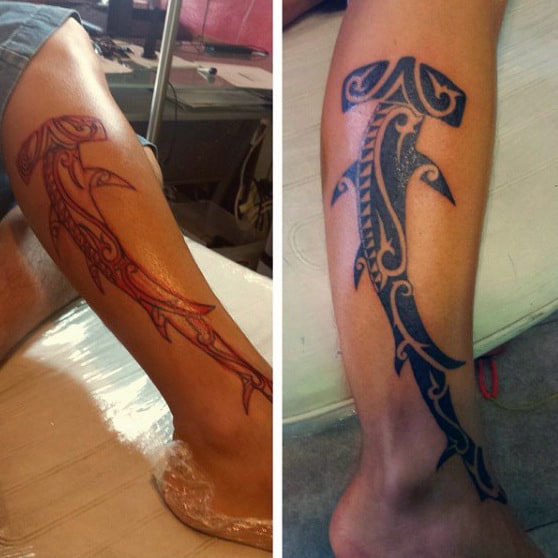 Leg Black Ink Tribal Male Shark Tattoos