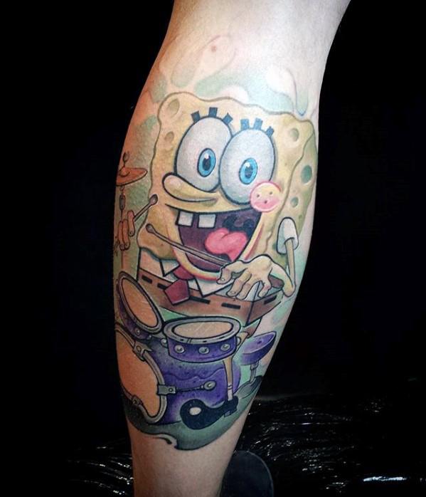Leg Calf Artistic Male Spongebob Tattoo Ideas