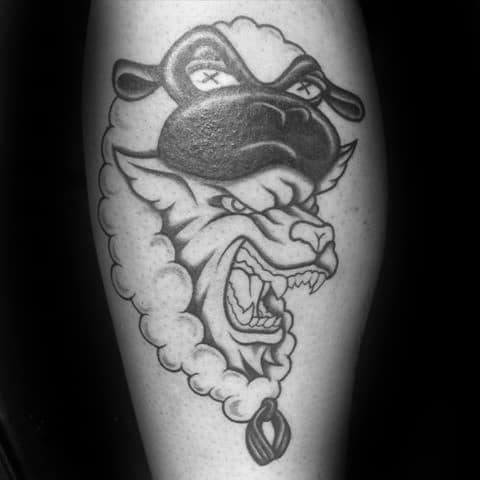 Leg Calf Black Ink Guys Angry Wolf In Sheeps Clothing Tattoo Design Ideas