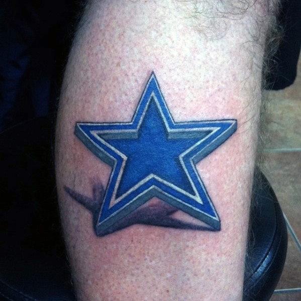 Leg Calf Blue And White Ink 3d Star Male Tattoos