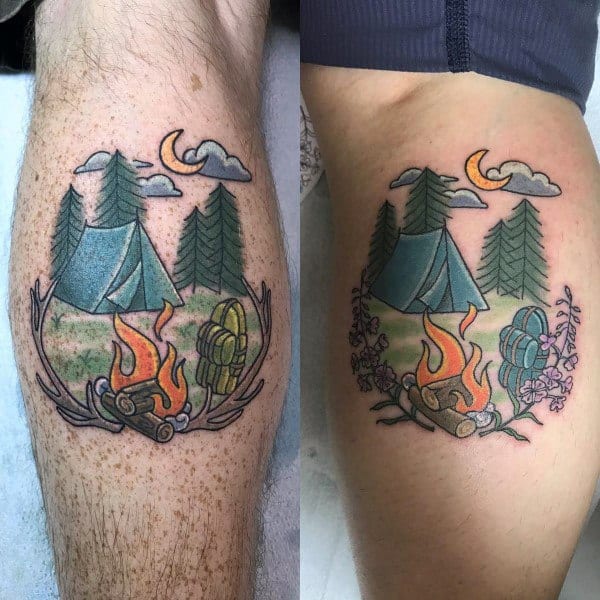 Leg Calf Camping Themed Matching Tattoo Ideas For Married Couples