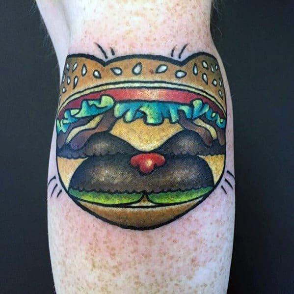 Leg Calf Cheeseburger Male Tattoo Designs