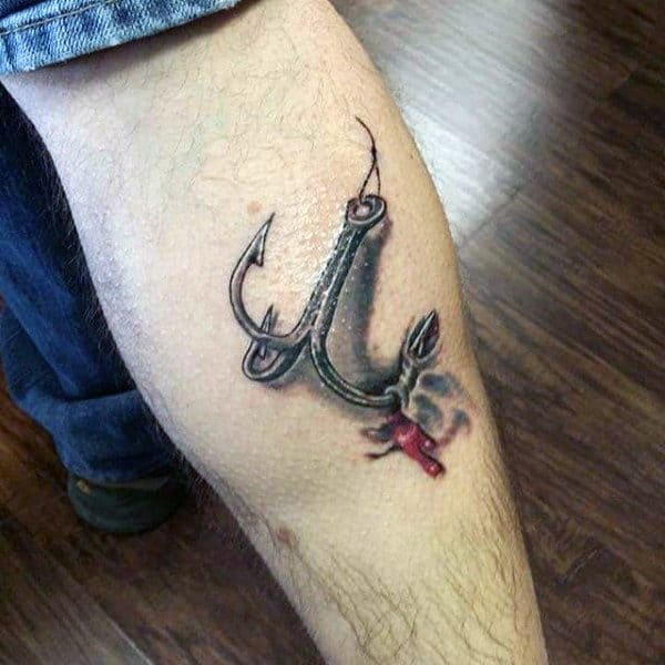 Leg Calf Fish Hook With Blood Tattoo For Men