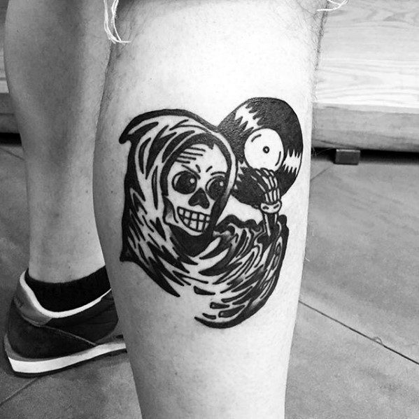 Leg Calf Grim Reaper Vinyl Record Tattoo Ideas For Males