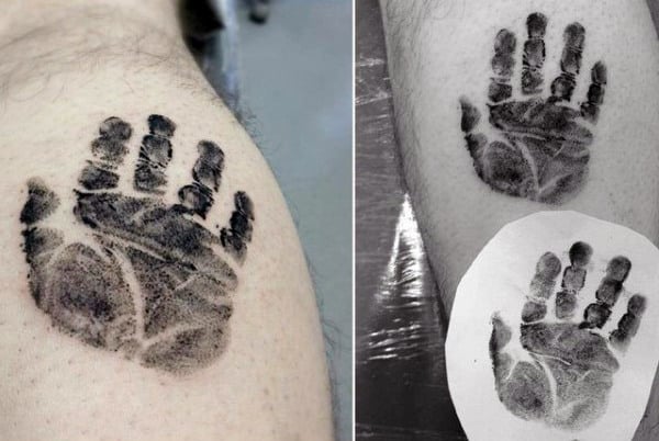 Leg Calf Guys Black Ink Realistic Handprint Tattoo