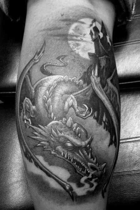 leg-calf-guys-dragon-shaded-moon-with-castle-tattoo