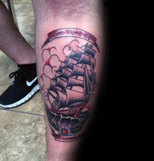 Leg Calf Guys Traditional Sailing Ship Banner Tattoo
