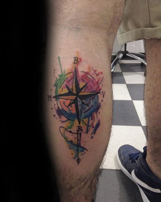Leg Calf Guys Watercolor Compass Tattoos