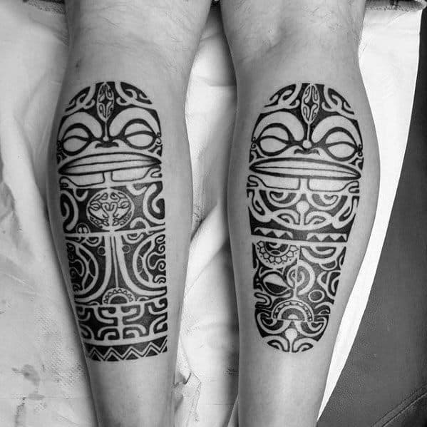 Leg Calf Male Polynesian Tribal Black Ink Tattoos