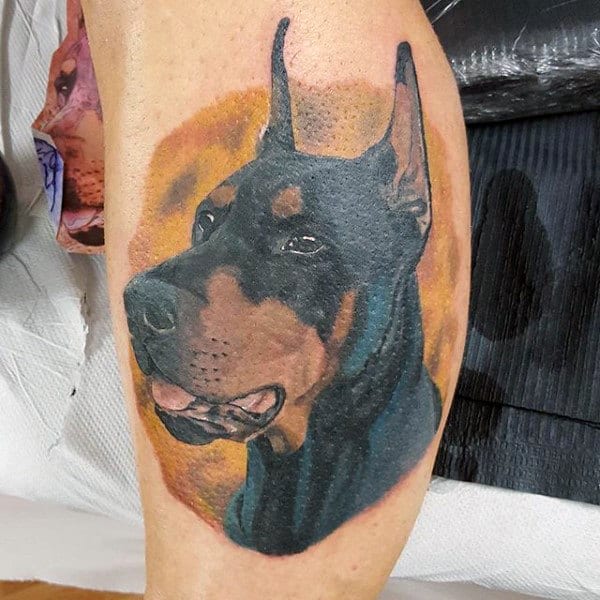 Leg Calf Male Tattoo Of Doberman Pinscher Dog
