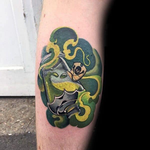 Leg Calf Male Tattoo With Poison Bottle Design