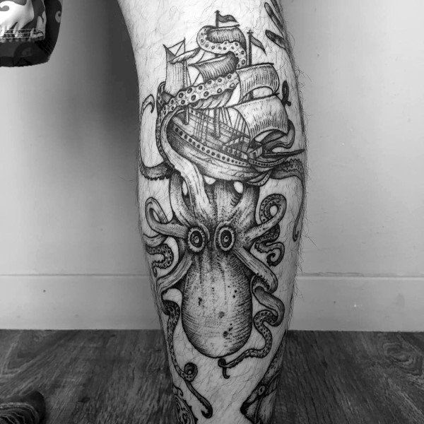 Leg Calf Male Woodcut Kraken Tattoo