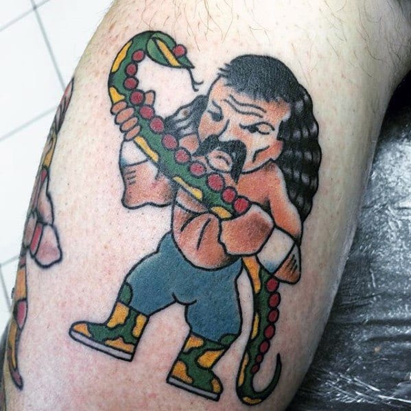 Leg Calf Old School Traditional Male Wrestling Snake Tattoo Ideas.