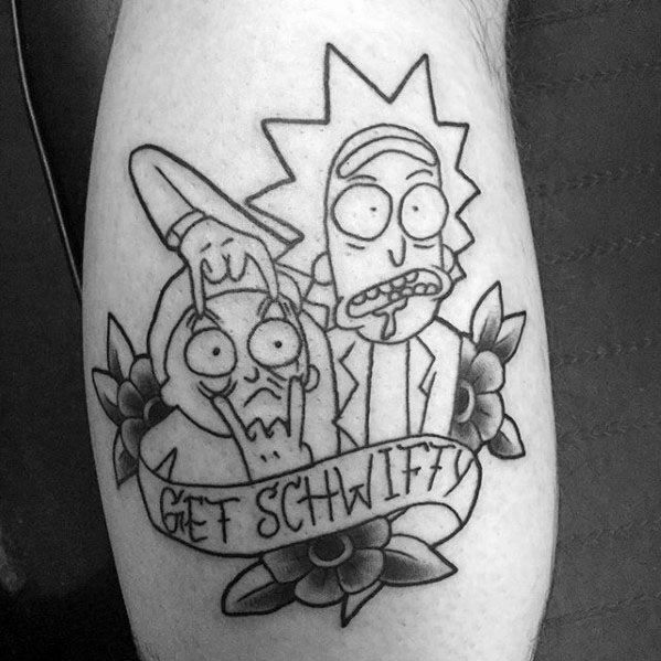 Leg Calf Old School Traditional Rick And Morty Tattoo Design On Man