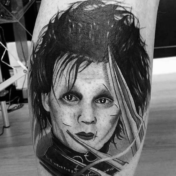Leg Calf Portrait Of Edward Scissorhands Guys Tattoo Ideas