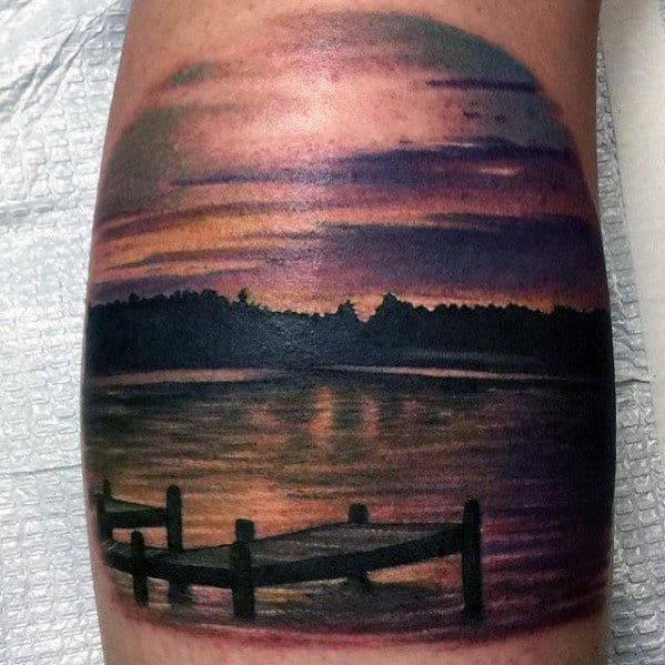 Leg Calf Realistic Sky Lake Guys Tattoo Ideas