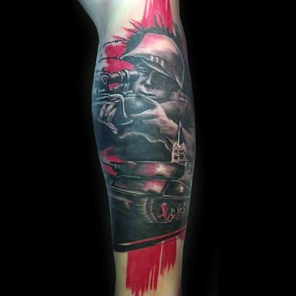 Leg Calf Sleeve Mens Army Watercolor Tattoo With Tank