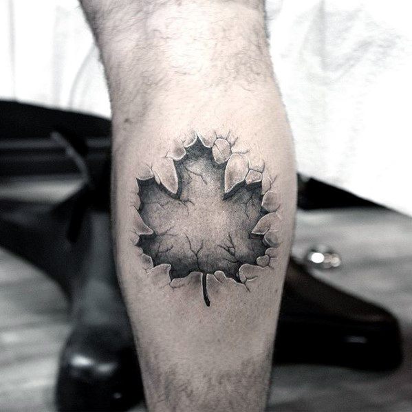 Leg Calf Small Detailed Stone 3d Maple Leaf Mens Tattoos