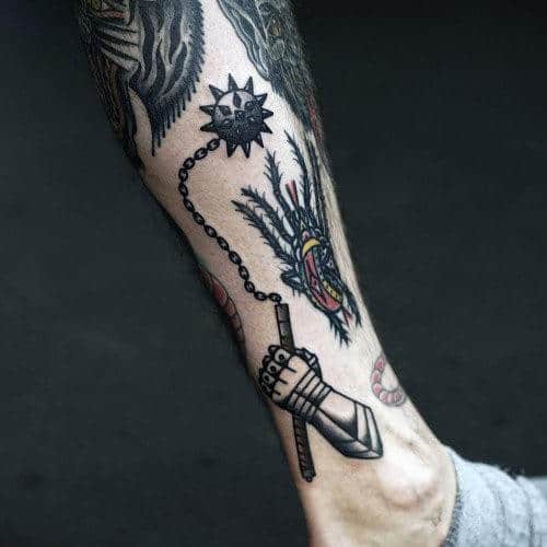 Leg Knight Tattoo With Ball And Chain On Men
