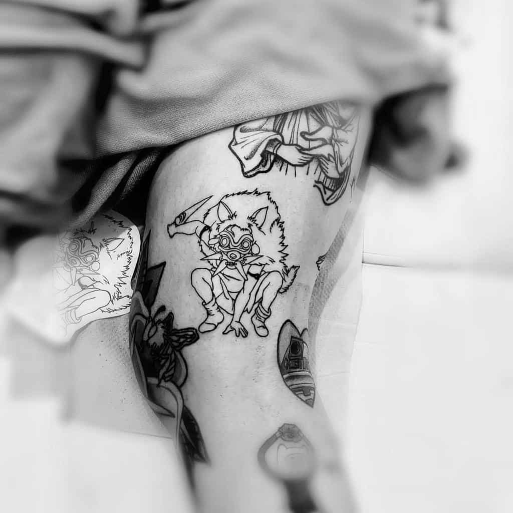 leg-line-work-small-black-white-princess-mononoke-tattoo-biwen.ye