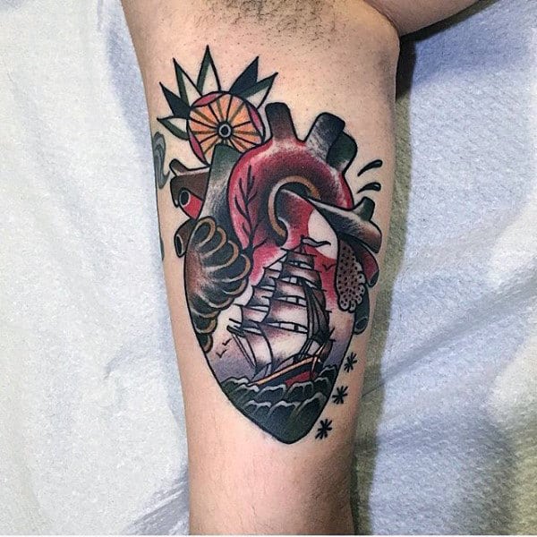 Leg Male Sailing Ship Heart Traditional Tattoo Designs