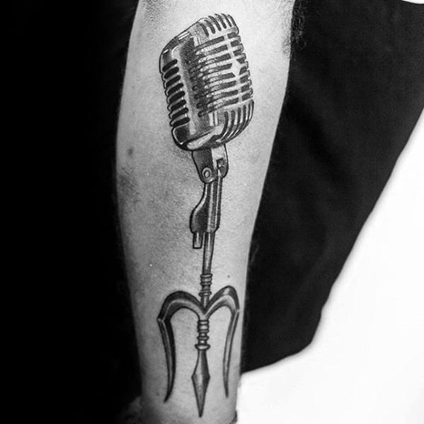 Leg Microphone Themed Trident Male Tattoo Designs